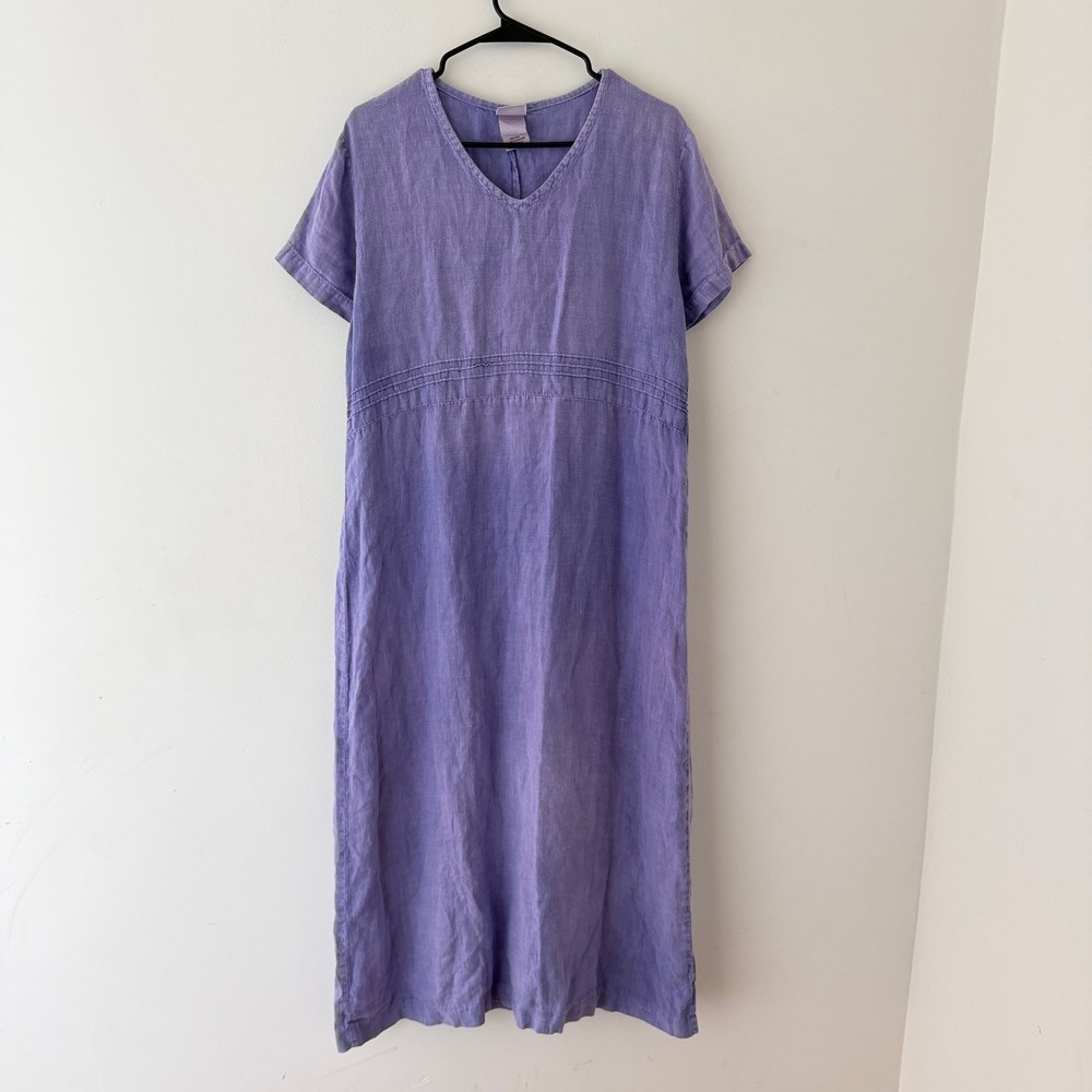 Purple Linen Pintuck Empire Waist Maxi Dress L Lagenlook Coastal Minimalist